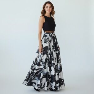 Betsy & Adam Illusion Waist Gown 6 Black Abstract Satin Wedding Formal A16450